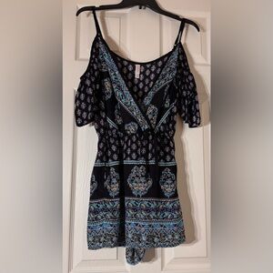 Xhilaration Black Printed V-Neck Romper with Purple and Cream Accents